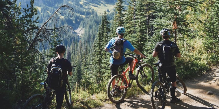 Tre ciclisti ammirano il panorama dai boschi durante un'esperienza in mountain bike