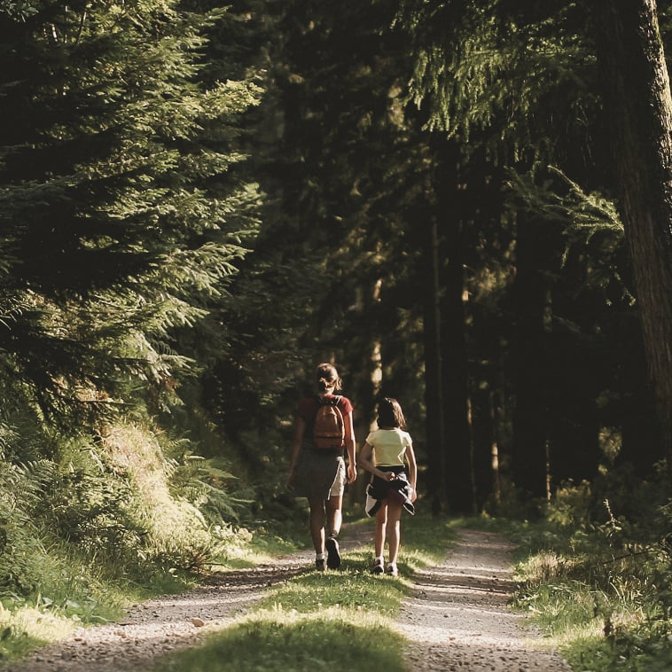 due bambine camminano su un sentiero verso il bosco